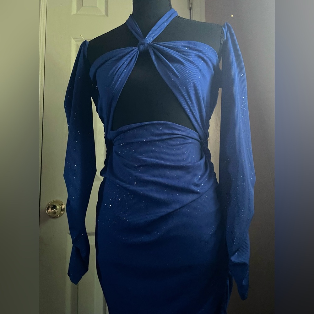 Blue Sparkle Cutout Long-Sleeve Dress